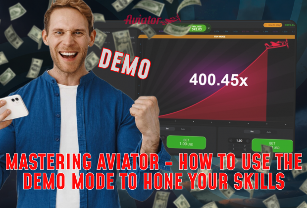 A man displays money while showcasing the text about mastering Aviator and using demo mode to enhance skills.